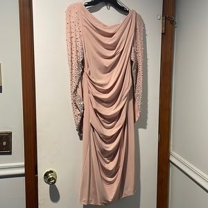 Dusty rose midi ruched polyester dress with draped cape jeweled sleeves